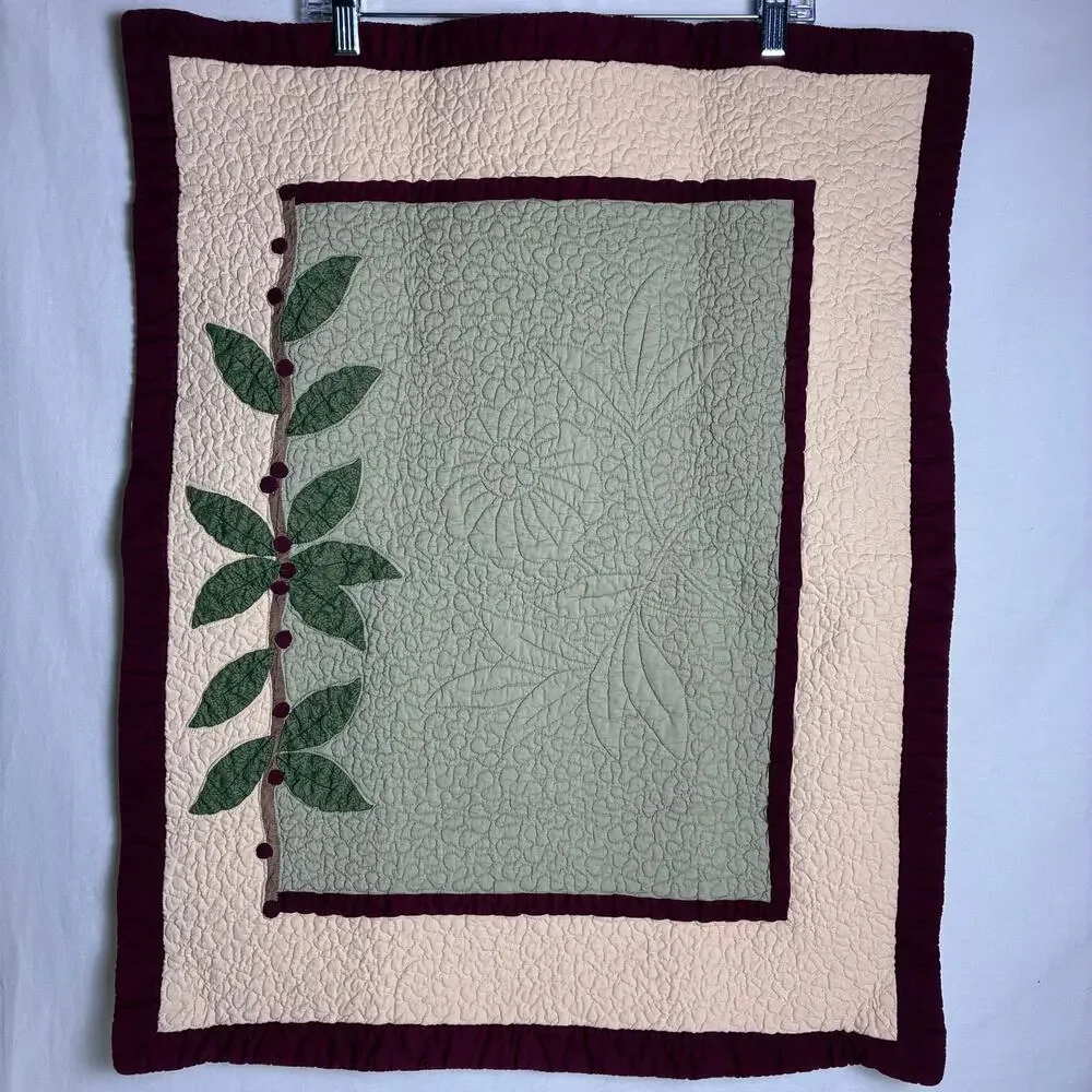 Vintage LL Bean Quilted Pillow Shams Set of 2 Sage Green Burgundy Floral Leaf